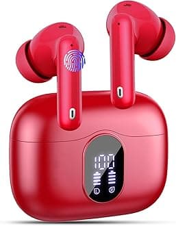 Wireless Earbuds, Bluetooth 5.4 Headphones In Ear with 4 ENC Noise Cancelling Mic, LED Display New Bluetooth Earbuds Mini Deep Bass Stereo Sound, 36H Playtime, Wireless Earphones IP7 Waterproof, Red