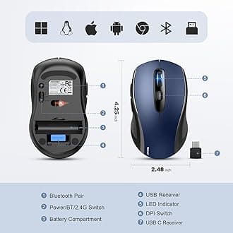 TECKNET Bluetooth Mouse, 4000DPI Wireless Mice for Laptop 2-in-1(BT 5.0/3.0+2.4Ghz) Computer Portable PC Mouse Wireless with USB Receiver for Mac (USB-A/C+Bluetooth, Blue)