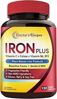 Doctor's Recipes Iron Supplement for Women Men - Gentle Iron Bisglycinate with Vitamin C, B6, Folate & B12, Stomach Friendly Iron Pills, 120 Vegan Caps