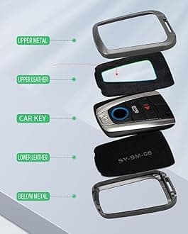 KUNIO PU Leather+Zinc Alloy 4 Button Smart Key Fob Cover Case Fit for BMW 2014-2019 I3 2014-2020 I8 Keyless Key Holder with Leather Keychain Car Accessory C Gun Black