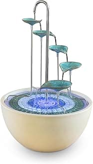 HYDRIA Large 45cm Verdigris Leaf Cascade Indoor Outdoor Water Feature, Battery Powered Fountain includes Glass Mosaic, Porcelain Bowl, Up to 100 Hours per Charge USB Charging, British Brand, Wireless