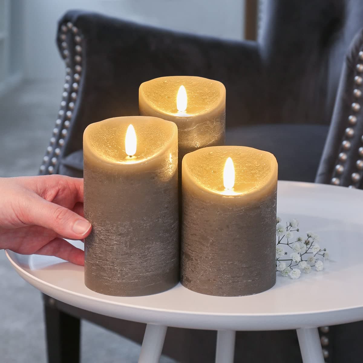 Festive Lights 3 Pack Real Wax LED Candles - Authentic Flame True to Life Warm White Flickering Effect, Realistic Black Wick - Battery Operated (Grey)