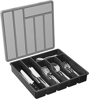 Silverware Organizer with Lid, Covered Utensil Tray for Kitchen Drawer and Countertop, Plastic Cutlery and Flatware Storage Box for Spoons Forks Knives Holder Case, 12.6x11.8", Black