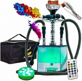 2 Hose Hookah Set With Travel Case Clean Brush, Micro Cube Acrylic Hookah with Silicone Hookah Bowl 2 Leather Hose Foil Sheet Coal Tongs Magical Remote LED Light for Better Shisha Narguile Smoking