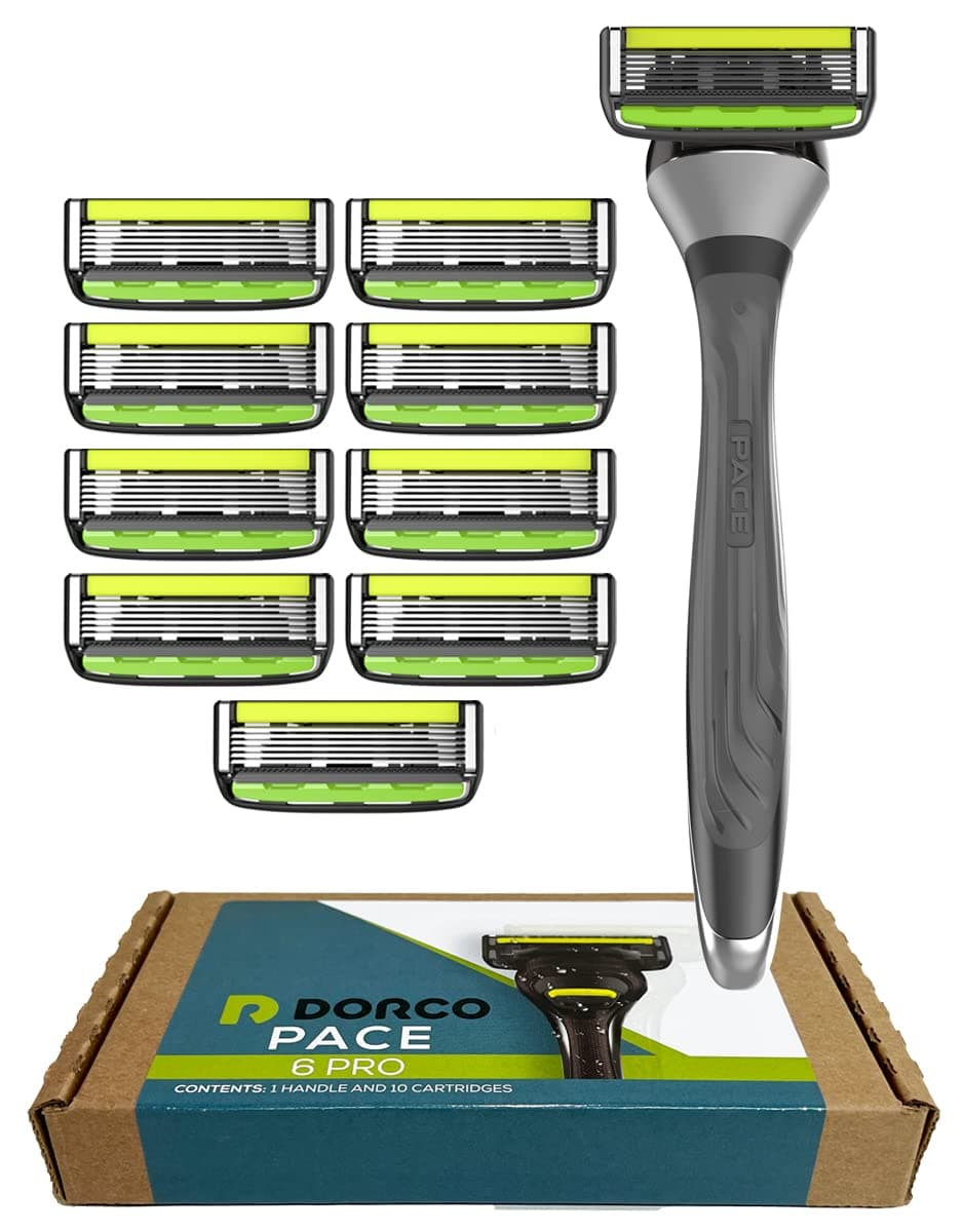 Dorco Pace 6 Pro - Six Blade Razor System with Trimmer - 10 Pack (1 Handle + 10 Cartridges)