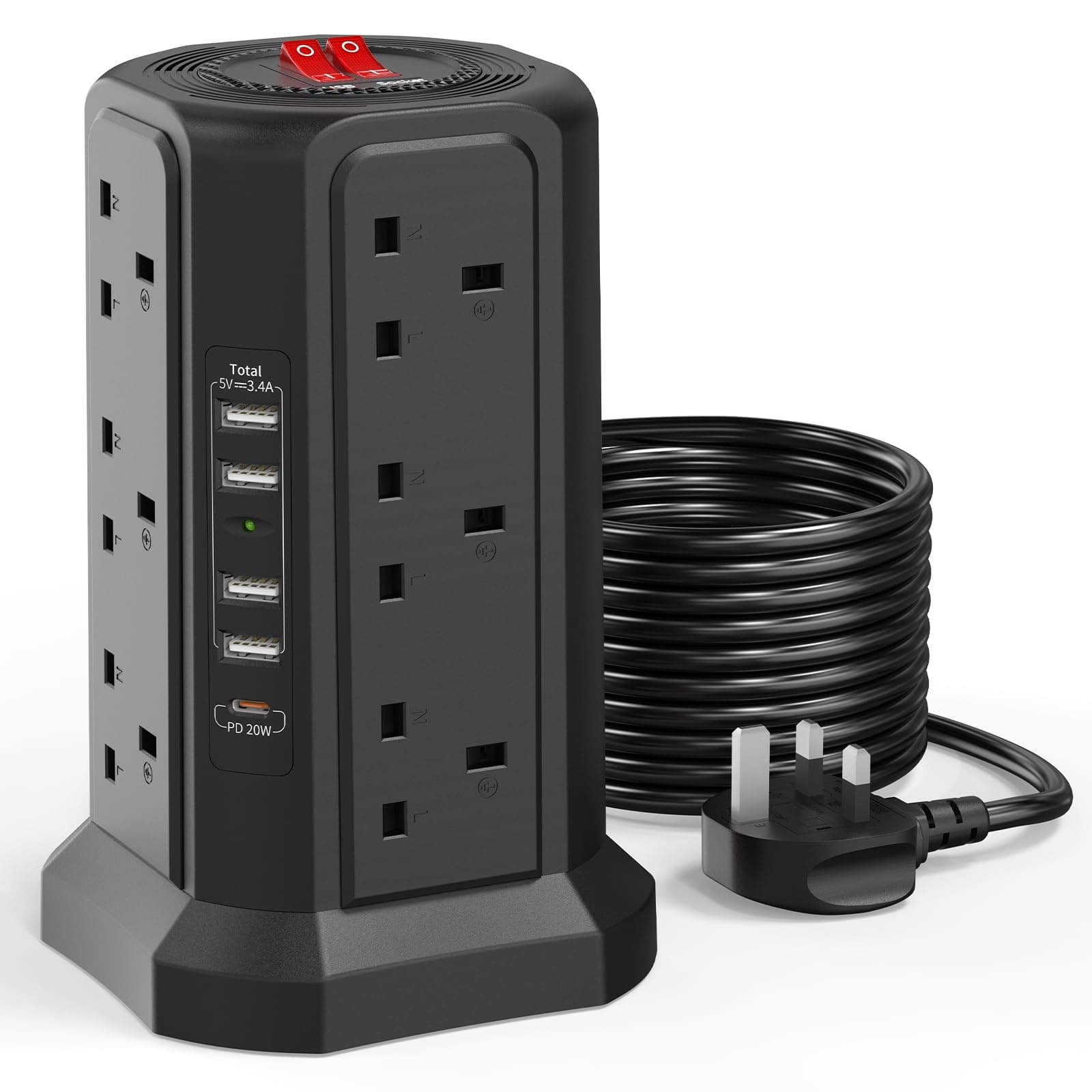 Tower Extension Lead 5M with USB Slots and PD 20W USB C Fast Charger, (13A 3250W) 5 USB Ports and 12 Way Surge Protection Extension Tower, Black Extension Cable for Home, Office