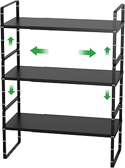 WEJIPP Cabinet Organizer Shelves,Expandable Cabinet Spice Racks,Stackable Pantry Counter Under Sink Shelves, Storage Shelves for Kitchen,Home,Office,3 Packs,10.24" D,Black