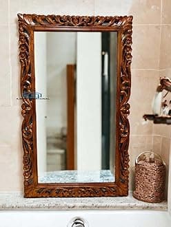 Wooden Hand Carved Decorative Wall Mirror Frame in Solid Mango Wood for Bedroom, Living Room, Home Decor, Without Mirror (Size 5 * 2.5 FT) (White) (Natural Wood)