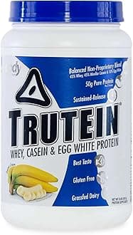 Trutein High Protein Powder: 45% Whey, 45% Casein, 10% Egg White, Gluten-Free, Low Sodium, Grass Fed Whey Protein Powder, Gym Supplement & Breakfast Shake, Banana Cream, 2lb