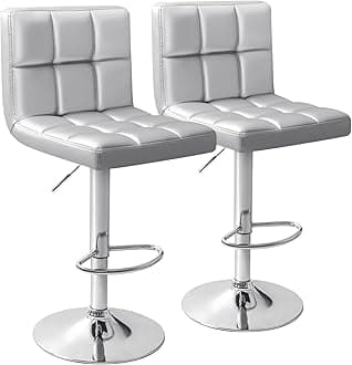 Homall Bar Stools Modern PU Leather Adjustable Swivel Barstools, Armless Hydraulic Kitchen Counter Bar Stool Extra Height Square Island Barstool with Back Set of 2 (Leather, Silver)