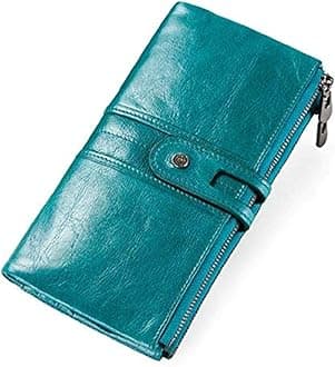 CONTACTS Genuine Leather Women Wallet RFID and Multifunctional Slim Bifold Zipper Clutch Wallet, teal blue