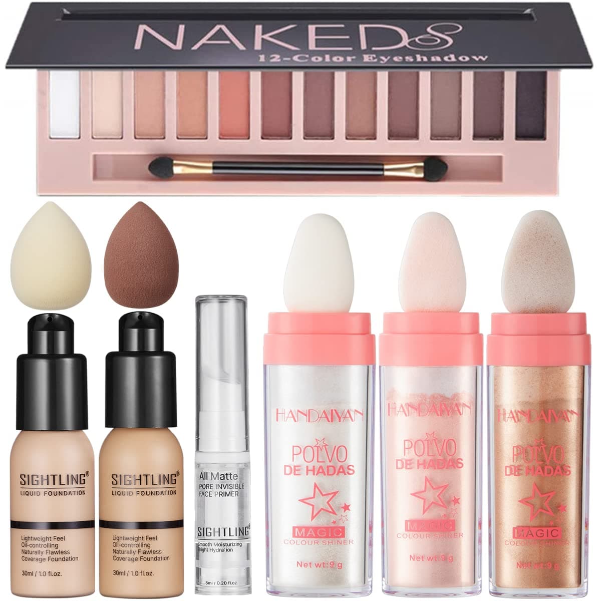 All in One Makeup Kit, Includes 3 Colors Polvo De Hadas Patting Powder Body Brightens Face Powder Blusher, SIGHTLING Foundations with Face Primer, 12 Colors Eyeshadow Palette, Makeup Sponges