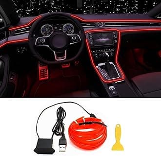 EL Wire Interior Car LED Strip Lights, USB Neon Glowing Strobing Electroluminescent Wire Lights with 6mm Sewing Edge, Ambient Lighting Kits for Cars Garden Decorations (5M/16.5FT, Red)