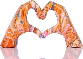 DOVDOVColourful Hand Heart Decoration, Hand and Heart Statue, Love Finger Sculpture Wedding Decoration, Orange Resin, Modern, Tabletop, 9.8"L x 3.1"W x 5.9"H