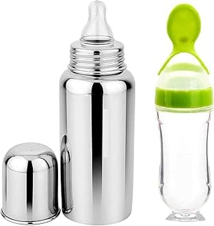 Baby Premium Steel Bottle for Milk Feeding & Green Silicone Squeezy Spoon Bottle for Food Feeder BPA Free, 304 Grade Steel Soft Silicone pacifier for Infants Newborns of 0-2 Years (Pack of-2)