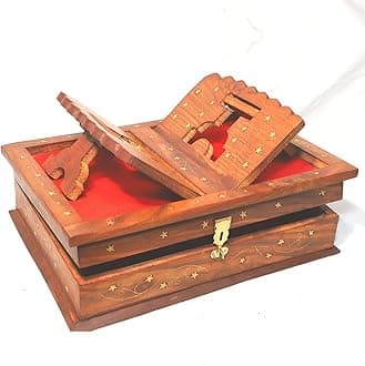 HusNain Handmade Wooden Rehal Full Carving Design Rosewood Rectangular Holy Book Stand Box for Quran Ramayan Bible Gita Ved Guru Granth Sahib (Brown, Brass Inlay Design)