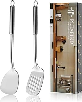 Pleafind 2-Pcs Solid & Slotted Spatula Set, 304 Stainless Steel Spatula, Metal Spatulas, Wok Utensils, Cooking Utensils, Wok Spatulas for Home, Kitchen and Restaurant, Dishwasher Safe