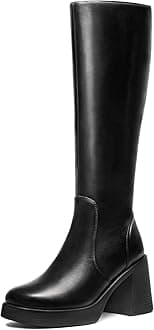 Black Knee High Boots for Women - Wide Calf Platform Tall Boots Square Toe Chunky Block Heeled Gogo Boots