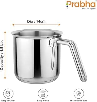 Prabha Stainless Steel Milk Pot 14cm - 1.8L Capacity, Induction & Gas Compatible, Efficient Milk Boiler for Home, Without Lid.