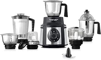 Prestige Endura 1000 Watt Mixer Grinder with 6 Jars | Heavy-Duty Ball Bearing Motor | 3 Stainless Steel Jars + 1 Juicer + 1 Mix-O-Keep + 1 Multi-Utility | SS Baldes | Black | 5Y Motor Warranty