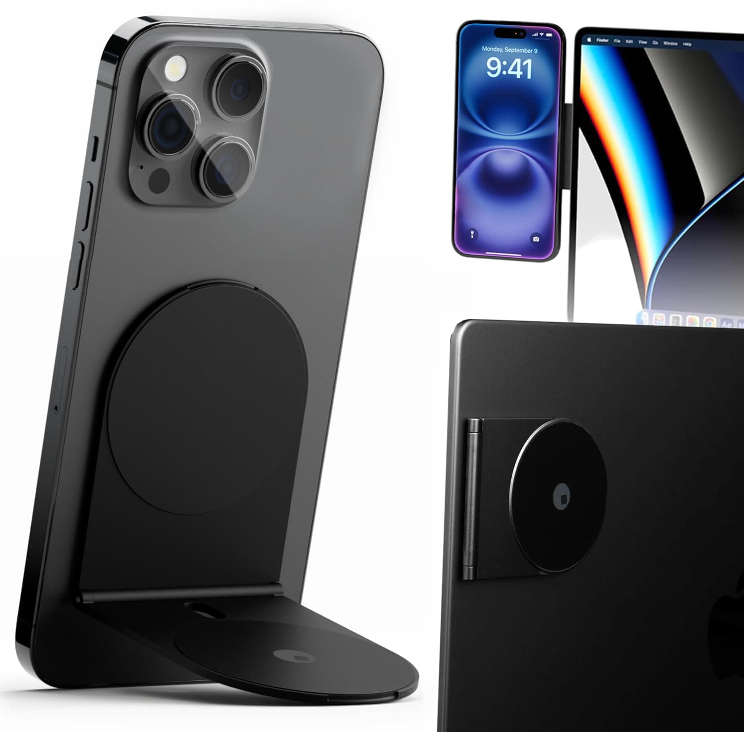 Edge Pro Core - Magnetic Mount Phone Holder Stand for Computers and Tablets | Secure Metal Plate Adhesive or Standalone Mode Compatible with MagSafe, Qi, and Non-MagSafe Devices, Black