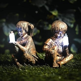Garden Mile Solar Powered Garden Ornament Boy and Girl Figurines Fairy Solar Light Jar Firefly Resin Garden Decor Gardens Funny Novelty Gift Fairy Outdoor Gardens Patio Decor