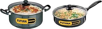 Hawkins Futura Non-Stick Stewpot with Glass Lid, 5 litres & Futura Non-Stick Saute' Curry Pan with Glass Lid, 3.25 litres Combo, 5 Liter,Black