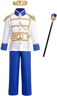 FYMNSI Prince Charming Costume for Kids Boys Halloween Carnival Cosplay Party Fancy Dress Up Tunic Top Pants Crown Scepter Set