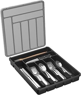Lifewit Silverware Organizer with Lid, Covered Utensil Tray for Kitchen Drawer and Countertop, Plastic Cutlery and Flatware Storage Box for Spoons Forks Knives Holder Case, 29 x 37cm, Black