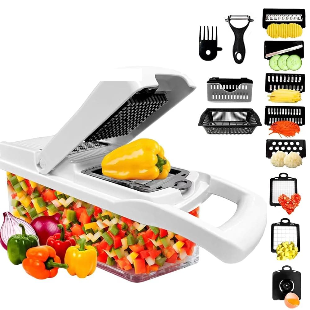 Mandoline Slicer-Chopper Vegetable Cutter with Container,Veggie Chopper with 7 Stainles Steel Blades,Salad Chopper Onion Chopper and Cheese Slicer（White）