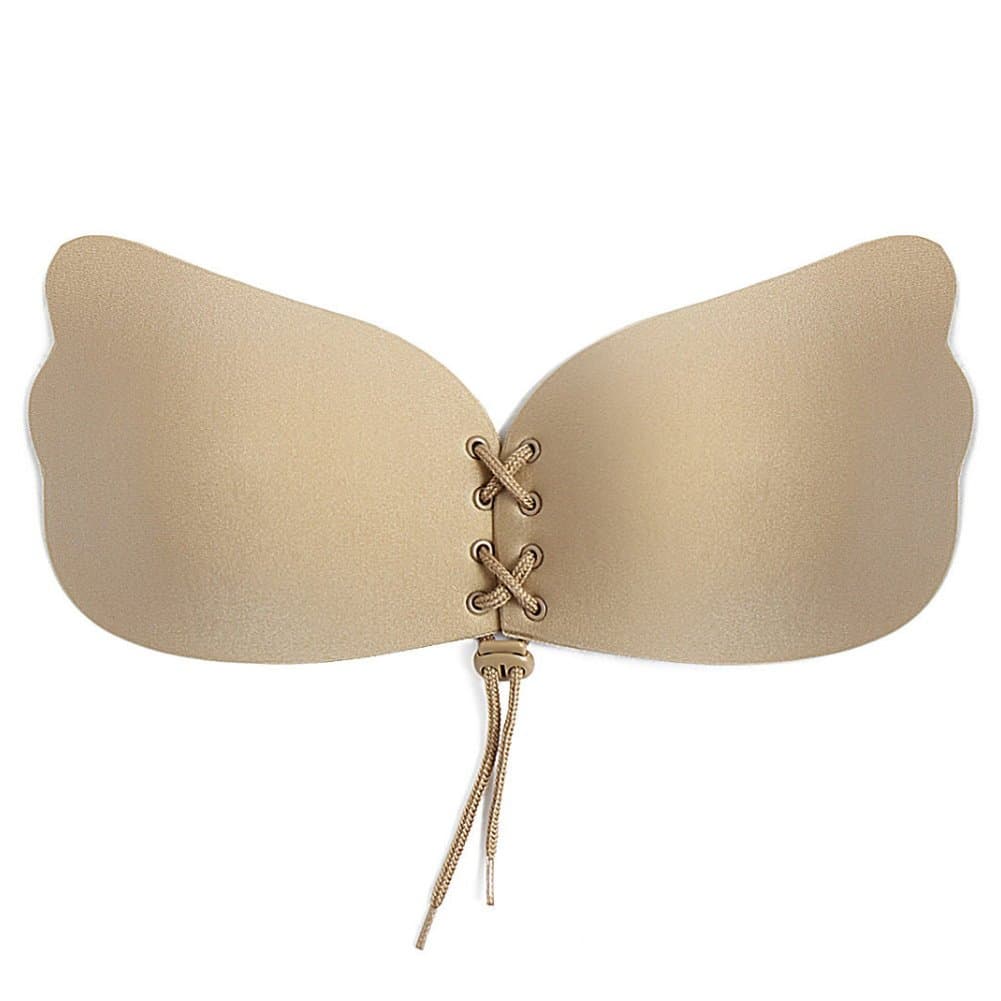 Stick on Backless Lace-up Seamless Strapless Under Uplift Bra (B, Nude)