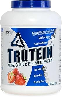 Body Nutrition Trutein High Protein Powder: 45% Whey, 45% Casein, 10% Egg White, Gluten-Free, Low Sodium, Grass Fed Whey Protein Powder, Gym Supplement & Breakfast Shake, Strawberries & Cream, 4lb