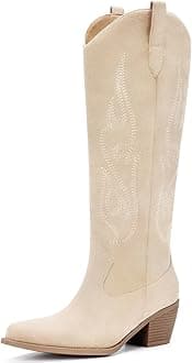 Pasuot Western Cowboy Boots for Women - Knee High Wide Calf Cowgirl Boots with Classic Embroidered, Slip On Pointed Toe Chunky Heel Fashion Retro Classic Pull On Tall Boot for Girls Ladies Fall Winter