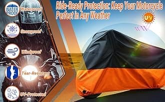 Motorcycle Cover Waterproof Outdoor Made of Heavy Duty Material, Fits up to 96" Harley Davison and All Motors with Lock-Holes & Storage Bag Professional Windproof Strap