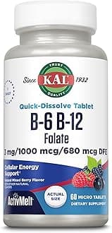 KAL Vitamin B-6, B-12 & Folic Acid Supplement, Heart Health, Energy & Red Blood Cell Support*, with Vitamin B12 Methylcobalamin & Folate, Natural Berry Flavor, 60 Servings, 60 ActivMelt Micro Tablets