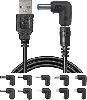 USB to DC Power Charging Cable with 10pcs DC Barrel Jack Universal Laptop Power Adapter Tips USB 2.0 to DC 5.5x2.1mm Plug Micro USB Type-C Connector Compatible Laptop Camera Fan Speaker Router & More