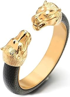 Mens Steel Wolf Head Open Cuff Bangle Bracelet Inlaid with Black Leather Elastic Adjustable