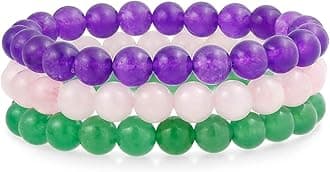 Unisex Stackable Set of 3 Gemstone Round Beads 8MM for Women Teen Men Multi-Strung Adjustable Stretch Bracelet, gemstone, Amethyst (Purple Crystal) Amethyst (Purple Crystal) rose-quartz