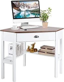 Tangkula Corner Desk, Corner Computer Desk with Drawer for Small Space, Small Corner Makeup Vanity Desk, 90 Degrees Triangle Corner Desk with Storage Shelves (Natural & White)