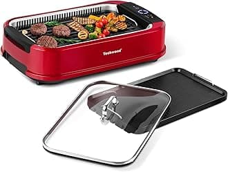 Indoor Smokeless Grill, Techwood 1500W Electric Indoor Grill with Tempered Glass Lid, Portable Non-stick Korean BBQ, Turbo Smoke Extractor Technology, Drip Tray& Double Removable Plate, Red