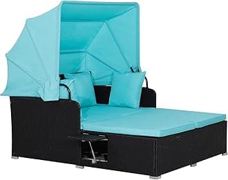 RELAX4LIFE Outdoor Wicker Lounge Daybed - PE Rattan Sunbed with Retractable Canopy, Cushions, Pillows, 2 Folding Side Trays, Patio Double Conversation Bed for Porch, Yard, Garden,Poolside (Turquoise)