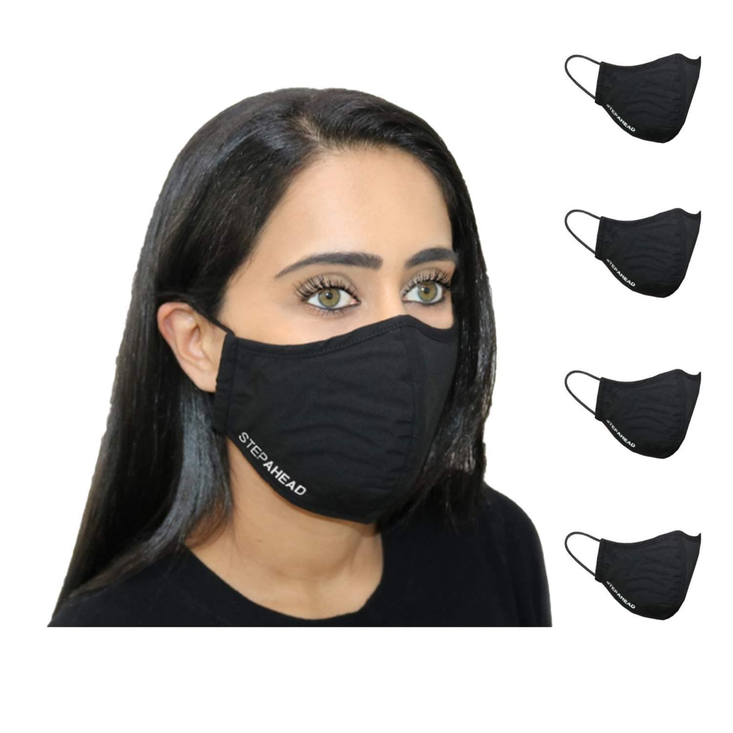 – Step Ahead ® | 5 Pack Triple Layer Cotton Black Face Mask (Pack of 5) Unisex Reusable Fashion Washable | Nano Mesh Water Repellent Layer- Protects from Dust, Pollution, Droplets