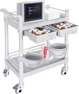 Medical Mobile Trolley Cart 2-Shelf 330 LBS Max Load Rolling Utility Cart Heavy Duty Beauty Salon Storage Cart with Drawers Dirt Buckets Rotate Wheels 2 Brake for Hospital Dental Clinic Home