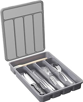 Lifewit Cutlery Tray with Lid, Cutlery Storage Box for Kitchen Drawer and Countertop, Utensil Flatware Silverware Holder Divider for Spoons Forks Knives Tableware, 5 Compartment, Grey