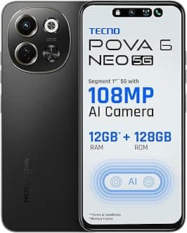 TECNO POVA 6 NEO 5G (Midnight Shadow, 6GB+128GB) | Advanced AI Features | 108MP Ultra Clear AI Camera | D6300 Powerful Processor | 5 Year Lag Free Fluency | 5000 mAh Battery | InBuilt Infrared and NFC
