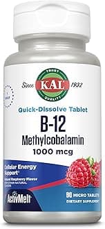 KAL Vitamin B12 Methylcobalamin 1000mcg, Healthy Energy, Metabolism, Nerve & Red Blood Cell Support,* Fast Dissolve ActivMelt, Optimal Absorption, Natural Raspberry Flavor, 90 Servings, 90 Micro Tabs