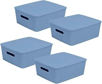 Glad Storage Baskets with Lids - Set of 4 Stackable Plastic Boxes with Handles - Decorative Shelf Organizer Bins for Bathroom and Closet, Blue, 3.1 Gallons