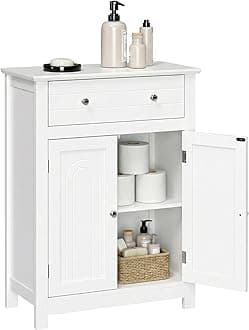 SONGMICS VASAGLE Free Standing Bathroom Cabinet with Drawer and Adjustable Shelf, Kitchen Cupboard, Wooden Entryway Storage Cabinet White, 23.6" L x 11.8" W x 31.5" H, UBBC61WT