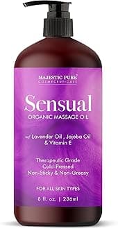 MAJESTIC PURE Organic Sensual Massage Oil for Couples - Relaxing Full Body Massage Oil for Date Night with Vitamin E - Vegan Lavender Massage Oil for Massage Therapy Smooth Gliding Formula 8 Fl Oz