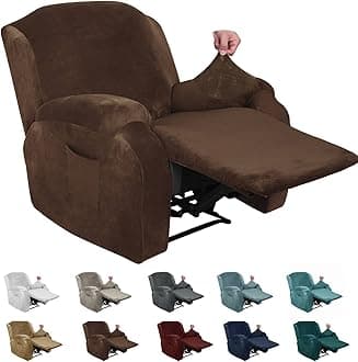Velvet 4 Piece Recliner Cover Stretch Plush Soft Recliner Chair Covers Thick Soft Reclining Chair Slipcovers Furniture Protector with Side Pocket for Kids, Pets (Recliner,Dark Coffee)